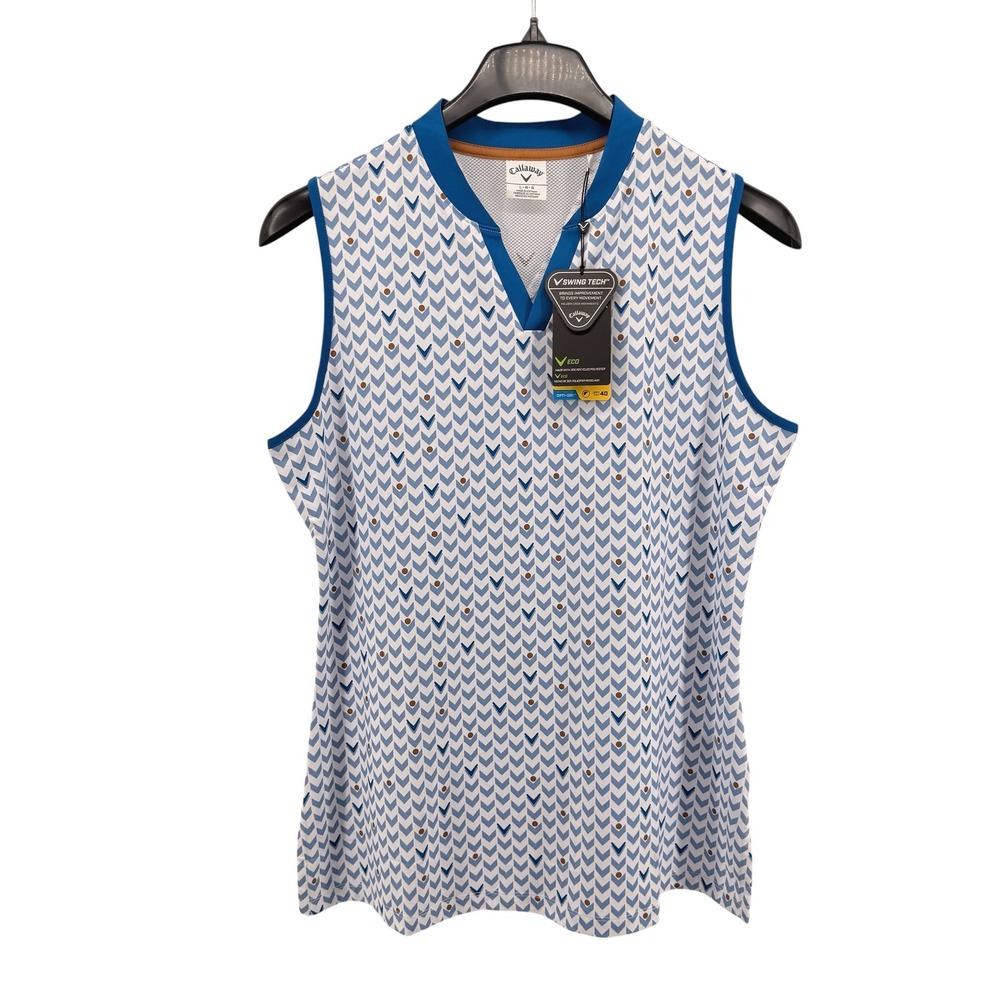 NEW Callaway Golf Top Womens Large UPF 40 OptiDri Polo White Chevron Swing Tech